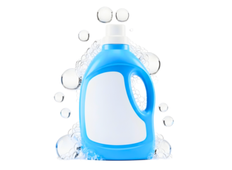 Blue laundry detergent bottle with bubbles around