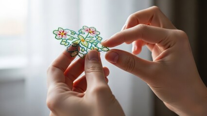 Close-up of hands holding and examining a small, colorful dragonfly-shaped stained glass piece with