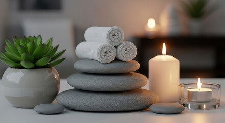 An inviting spa setting showcases the principles of balance and serenity, complete with spa stones, towels, candles, and a charming succulent. It conveys a sense of calm and well-being.