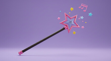 Whimsical star tipped magic wand playfully casts musical notes and colorful stars into a delightful dreamy pastel scene. AI Generated