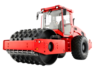 Red road roller machine with large black tires isolated on transparent background