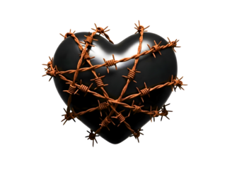 Black heart wrapped with barbed wire isolated on transparent background