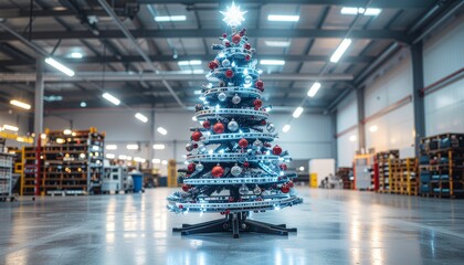 Obraz premium A festive Christmas tree with blue lights and red ornaments stands in the center of a brightly lit industrial warehouse.
