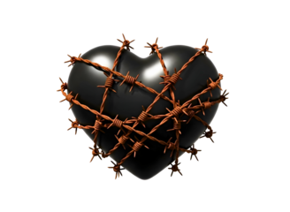 Black heart wrapped with barbed wire on transparent background