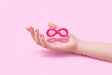 Pink condom twisted into an infinity symbol floating above a womans hand with pink nails on a matching pink background representing safe sex forever