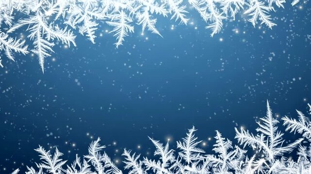 Winter frost snowflake border over blue background seamless looping 4k time-lapse animation video background