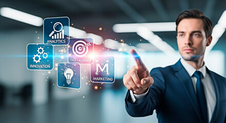 Businessman interacting with digital icons for the concept of technology and innovation.