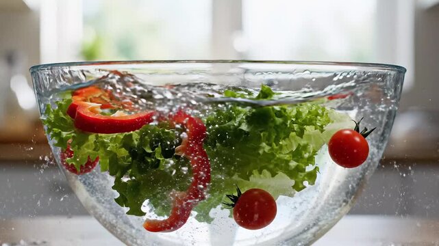 Fresh vibrant vegetables washing in clear water with splashes in a glass bowl for healthy nutrition concept and cooking preparation