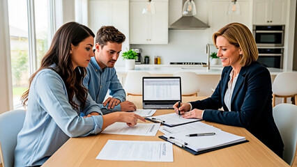 Couple consulting with a professional about their plan for the concept of Real estate and investment.