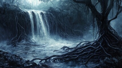 Waterfall flowing into a mangrove swamp, tangled roots, brackish water, unique ecosystem