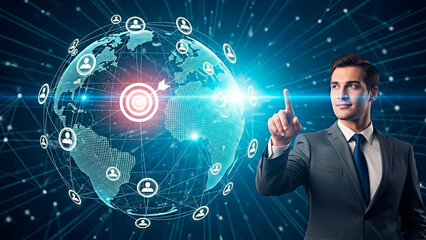 Businessman interacts with digital world, symbolizing technology.