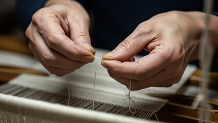 Close-up of hands weaving threads on a loom with wooden shuttle.