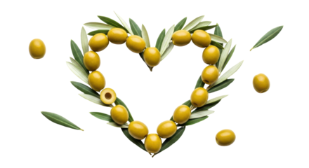 A heart shape made of green olives and olive leaves on a white background, symbolizing healthy eating and Mediterranean cuisine.