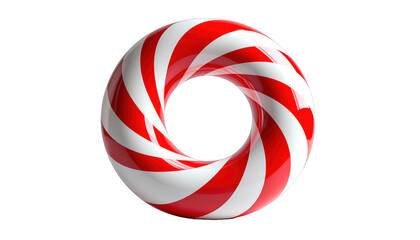 A glossy, red and white striped torus on a black background