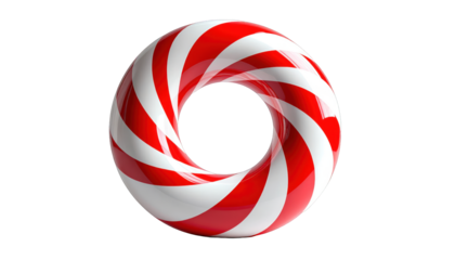 A glossy, red and white striped torus on a black background