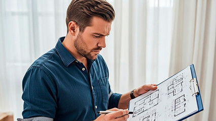 An architect inspecting architectural plans for the concept of architecture and design.