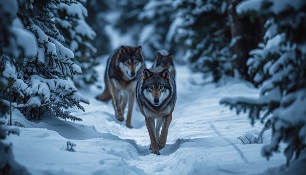 wolf wallpaper alpha wolf leading a pack through a frozen winter pine tree forest