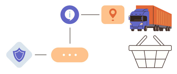 Logistics pathway with security shield, info icon, location pin, truck, and shopping basket. Ideal for supply chain, ecommerce, delivery transport customer service safety digital shopping. Simple