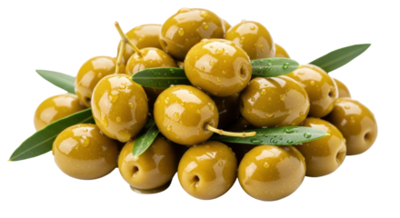 A close-up shot of a generous pile of fresh green olives, interspersed with vibrant green olive leaves, presented against a clean white background.