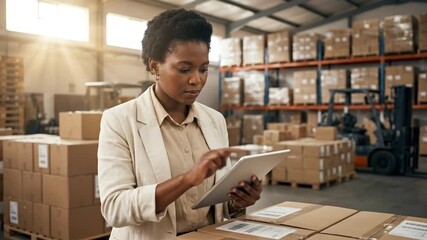 Focused African American Woman Using Digital Tablet for Inventory Management in a Modern, Sunlit Warehouse