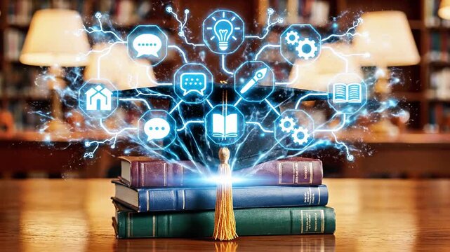 A miniature human figure stands on a stack of books with glowing blue icons floating above, in a library setting