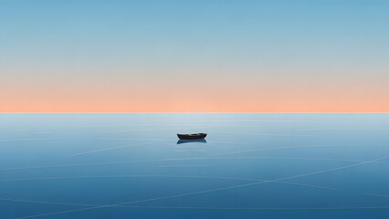 Fototapeta premium Seascape Solitude: a tranquil view of the serene ocean, where a solitary boat gently drifts upon the water under a calm sky. A peaceful scene.