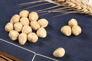 Roasted Chickpeas and Wheat Ears on Blue Fabric