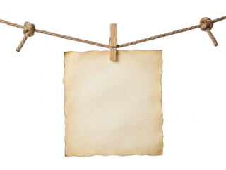 Blank aged paper hanging from a rope on transparent background