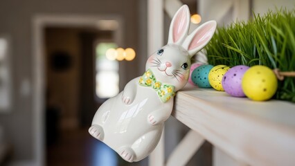 White ceramic Easter bunny with colorful eggs on a mantle in a home interior.