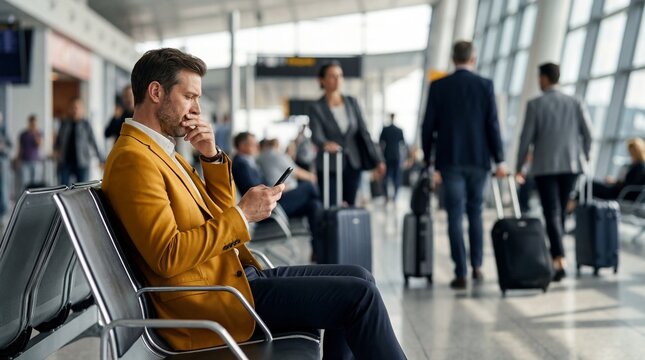 Worried businessman in yellow jacket checking phone at airport terminal symbolizing flight delay or travel anxiety.