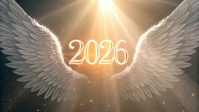 Dazzling White Angel Wings with 2026 Date Shining Brightly in Divine Light Vector Illustration