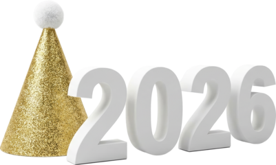 Golden 2026 Number Wearing a Party Hat