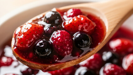 Wooden spoon with berry jam — Symbol of natural sweetness and homemade care