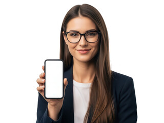 Attractive woman presenting a blank smartphone on transparent background