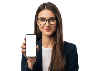 Attractive woman presenting a blank smartphone on transparent background