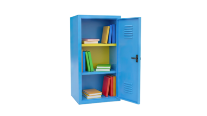 Blue Metal Locker with Books and Yellow Shelf