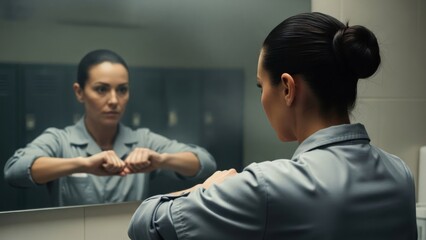 Woman in blue shirt looking at her reflection in a mirror with a serious expression