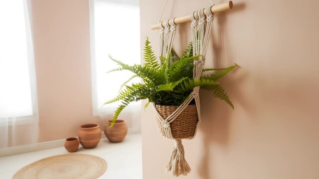 Serene Indoor Fern in Woven Macrame Hanger with Natural Light, Perfect for Home Decor Inspiration ...