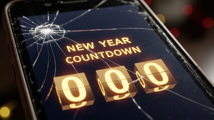 Close-up of a cracked smartphone screen displaying a New Year Countdown timer with golden numbers