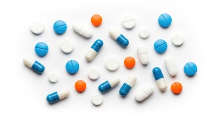 An assortment of pills, capsules, and tablets are artfully arranged, presenting a compelling visual representation of medication and healthcare. 
