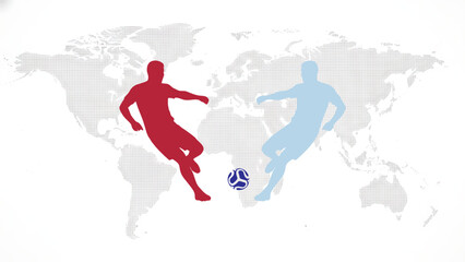 Energetic soccer players in action kicking balls on a world map background