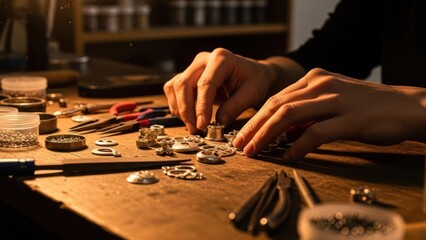 Close-up of hands working with jewelry findings on a wooden workbench with various tools.