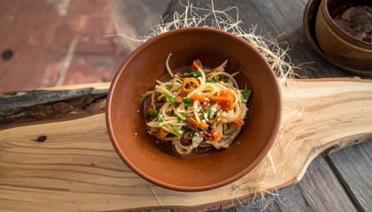 Delicious Asian noodle salad in a clay bowl on a wooden board.