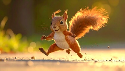 A cartoon squirrel running in a sunny forest glade.
