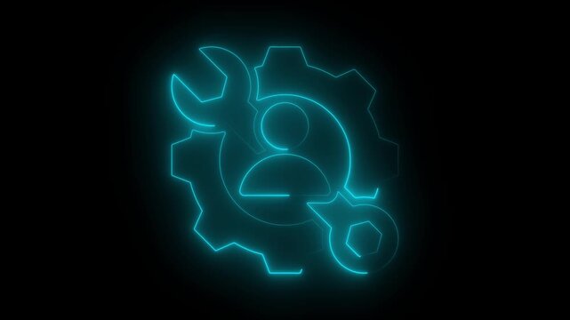  Neon User Settings Icon Animation &ndash; Profile with Gear and Wrench Symbol Glowing Cyan  on Black