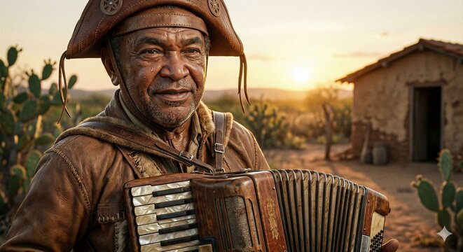 Sanfoneiro nordestino com roupa tradicional nordestina segurando acorde&atilde;o no sert&atilde;o nordestino. S&atilde;o Jo&atilde;o. Festa Junina