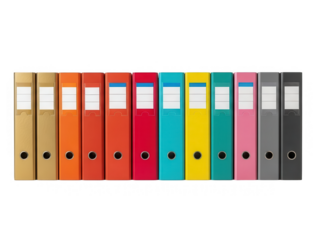 Colorful ring binders in a row on transparent background