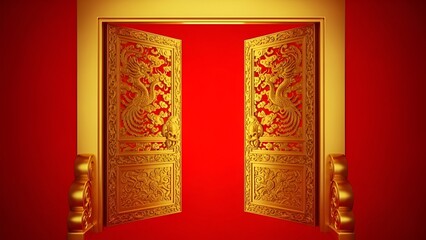 Awe-Inspiring Golden Ornate Doors Open Wide, Revealing a Vibrant Red Grand Entrance, Symbolizing Auspicious New Beginnings and Cultural Prosperity