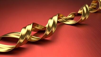 Abstract golden DNA helix shimmering against a vibrant red background, representing science and innovation