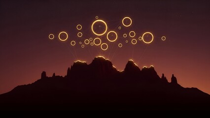 Ethereal glowing orbs suspended above silhouetted desert landscape at sunset